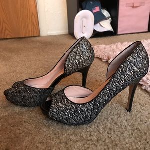 Black and silver sparkly peep toe heels